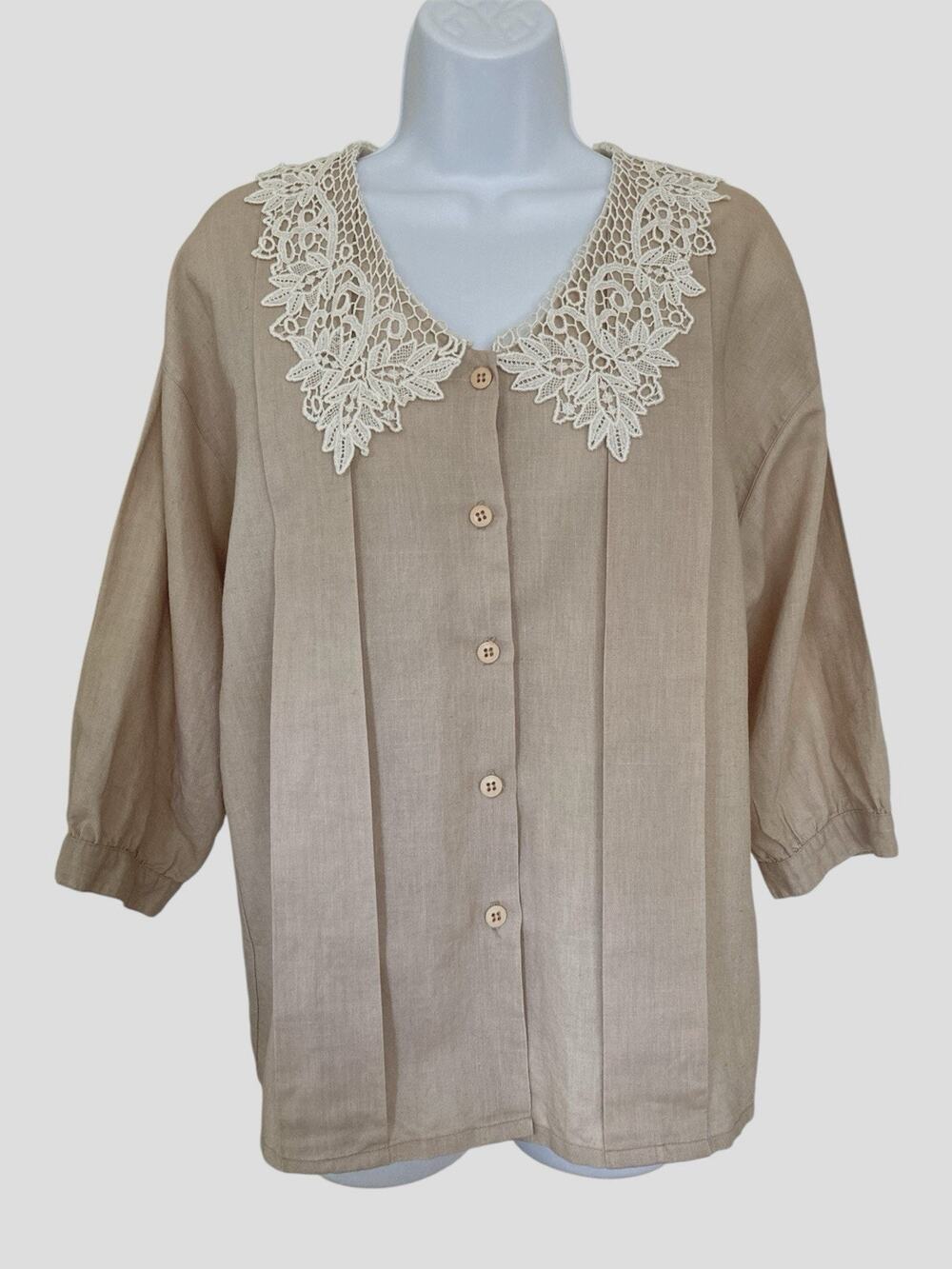 Vintage 80s 90s Cottage Boho Romantic Coquette Taupe Cotton Lace Blouse Top M